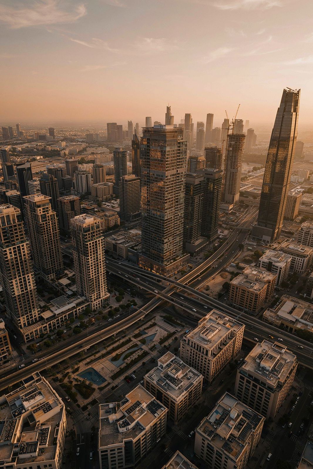 Aerial view of a modern city skyline at sunset